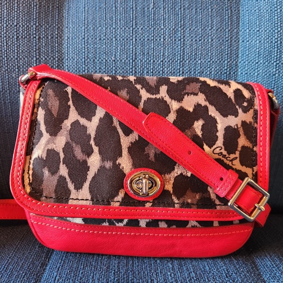 Coach Bag Ocelot Cloth + Red Leather, Animal Print, Crossbody RARE - Picture 8 of 11